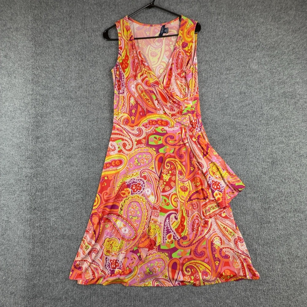 Chaps Dress Womens Large Multicolor Paisley Sleeveless Wrap Fit Flare Knee